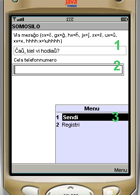 Ekzemplo de SMS en Esperanto sur poŭtelefono.